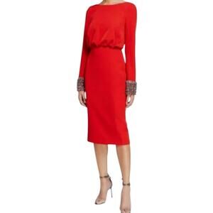 Badgley Mischka Women's Solid Red‎ Embellished Boat Neck Midi Dress Size 16 New